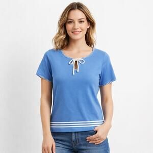 Sweater Blouse Blue Stripe Tie Sailorcore Resort Coastal Grandma Preppy Size M